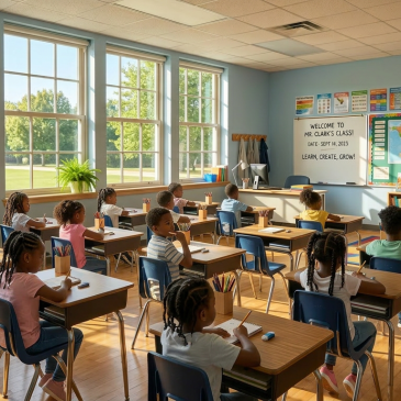 Elementary school classroom with desks, chairs, plants, and educational posters